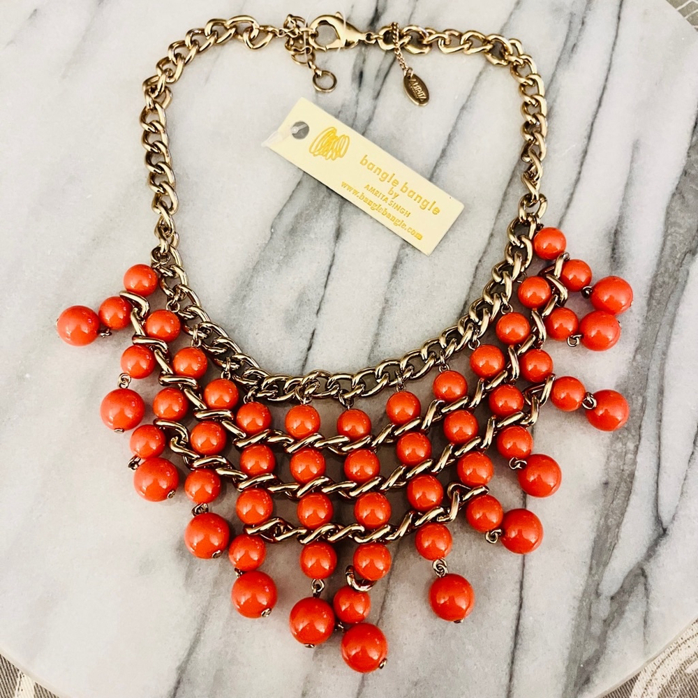 Amrita Singh Coral Orange Beaded Bib Necklace |‎ Gold Tone Chain Statement | NWT